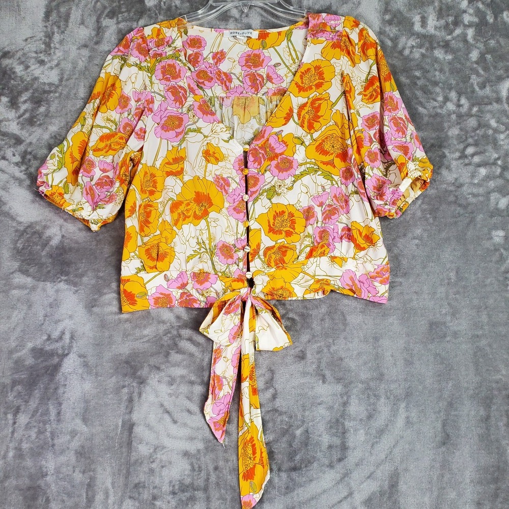 Rose + Olive Top Women S Orange Floral‎ Crop Button Tie Front Puff Sleeve Boho